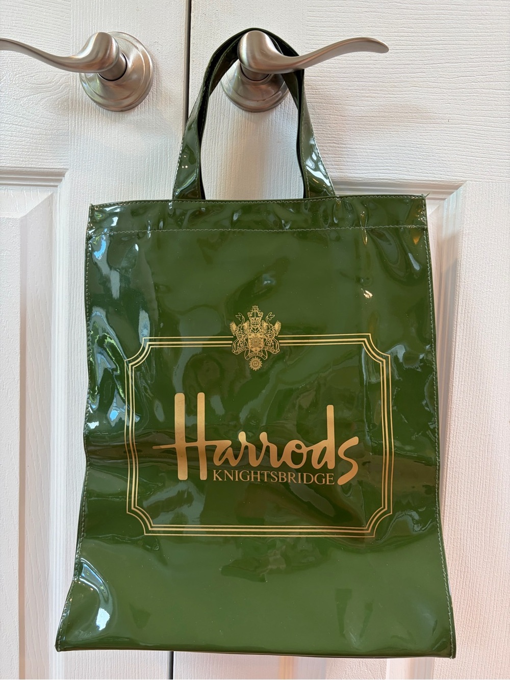 Harrods Knightsbridge Shiny Green Double Handle Toe Bag Vintage